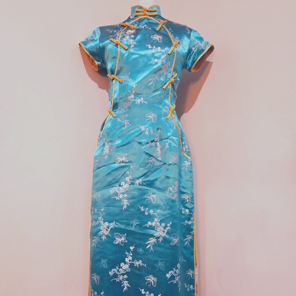 Traditional Formal Silk Chinese Gown with Silver Butterfly and Flower Embroidery